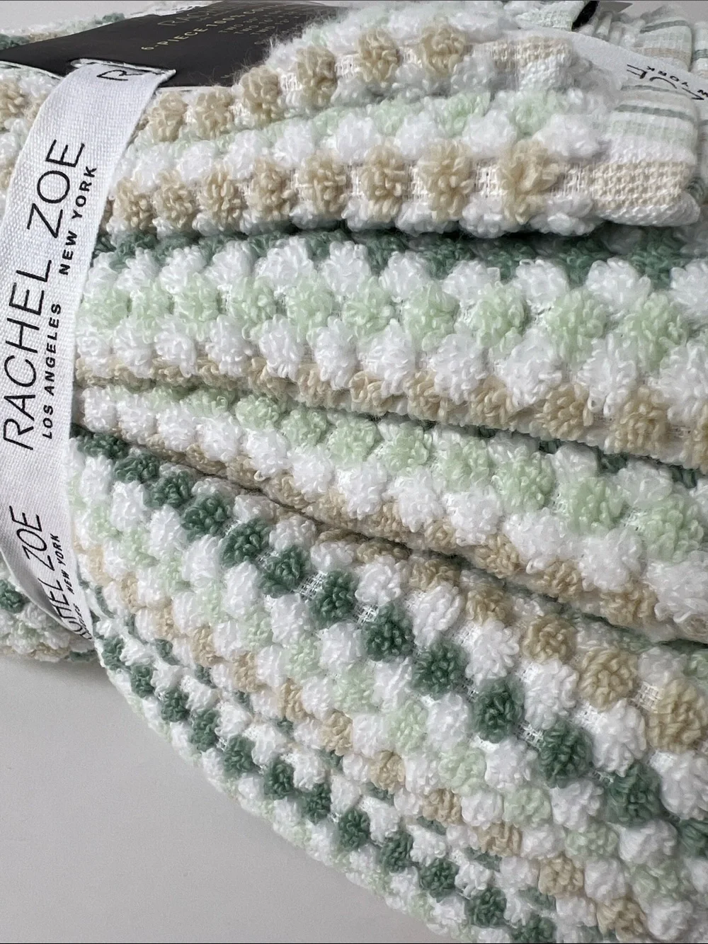 Rachel Zoe Bath Towel Set Green Tan White Waffle Soft 100% Cotton 6 Pc NEW